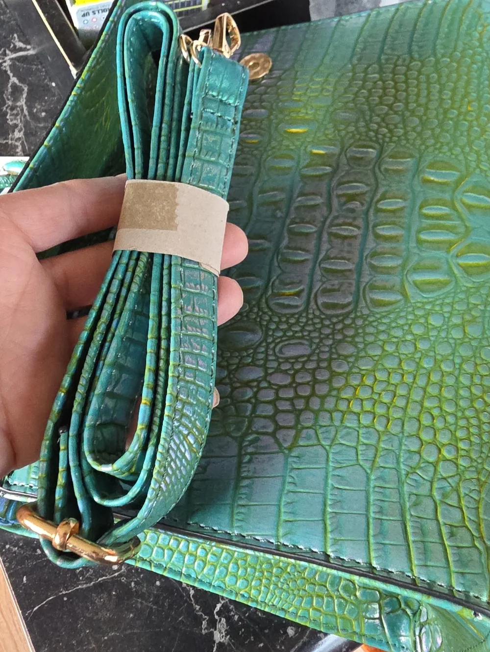 Iridescent Green Croc-Embossed Top-Handle Bag